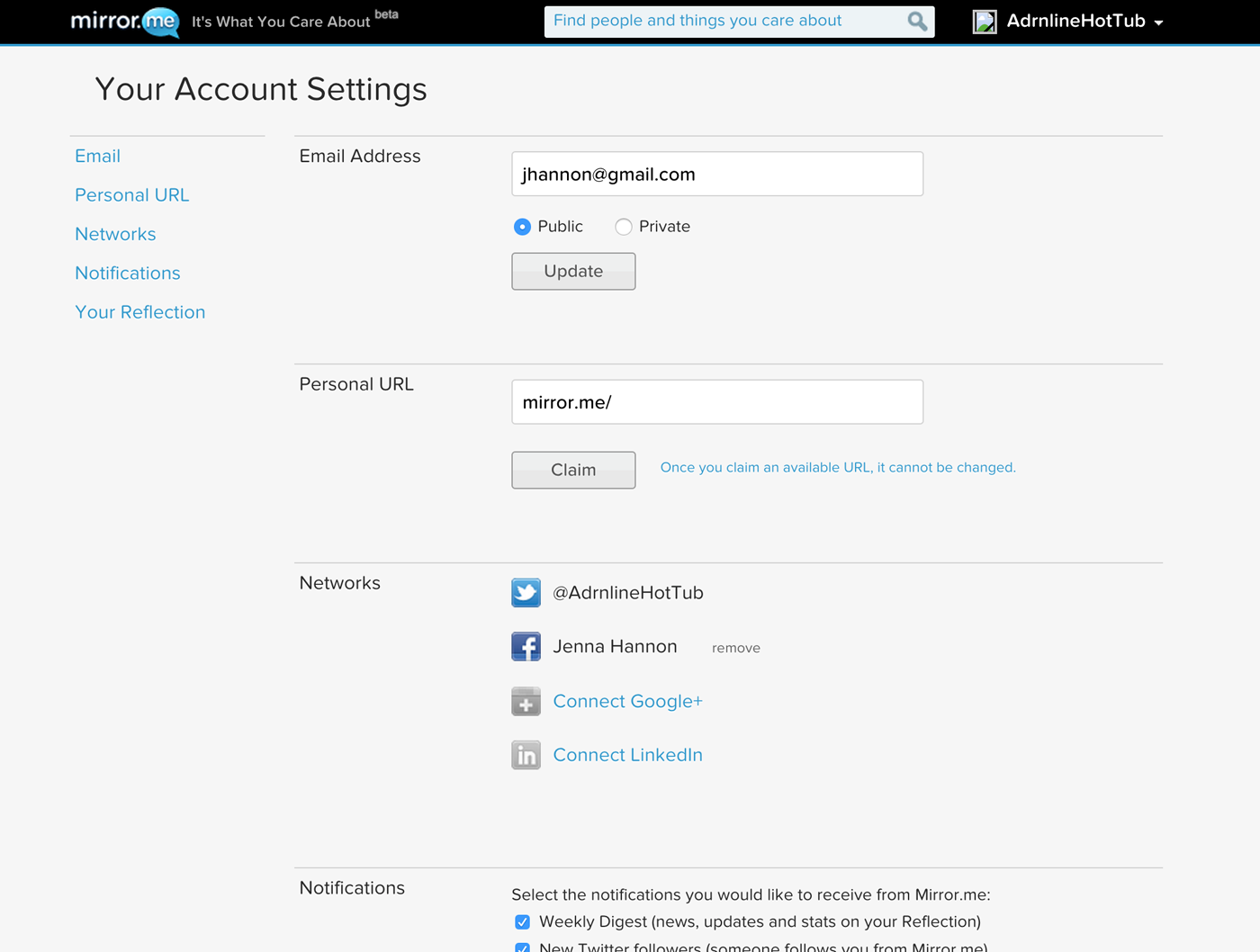 mirror.me settings page